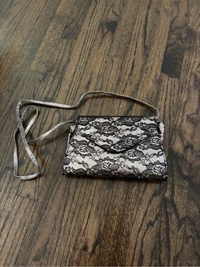 Neiman Marcus Black Lace Overlay Crossbody on Cream Base